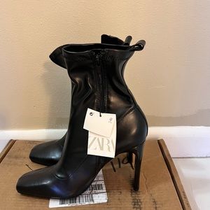 NEW!! Zara Black Stretch Faux Leather Heeled Square Toe Ankle Boots